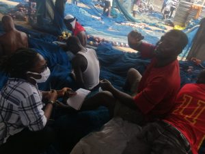 An interaction with Mr. John Botse and other fishers as they mend their nets/ Credit: Eunice Osei-Yeboah