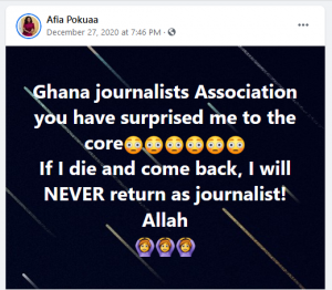 A Facebook post by Afia Pokuaa, female journalist in Ghana.