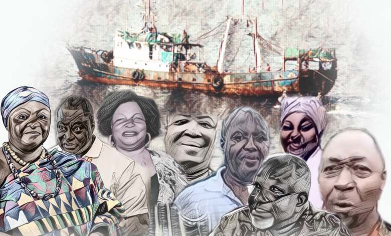 An illustration showing individuals classified as politically exposed persons in Ghana, who are listed as owners of various fisheries companies. Designed by Solomon Nyamekye, April 2024.