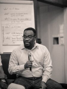 Gideon Sarpong, leading at training at an VOA event in Accra