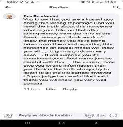 Sample threat directed at the journalist